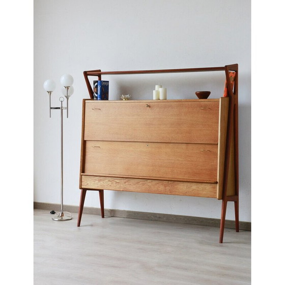 Image 1 of Vintage oak veneer and mahogany bar cabinet by Louis Paolozzi for René Godfrid, France