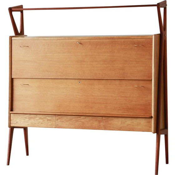 Image 1 of Vintage oak veneer and mahogany bar cabinet by Louis Paolozzi for René Godfrid, France