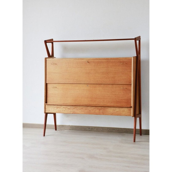 Image 1 of Vintage oak veneer and mahogany bar cabinet by Louis Paolozzi for René Godfrid, France