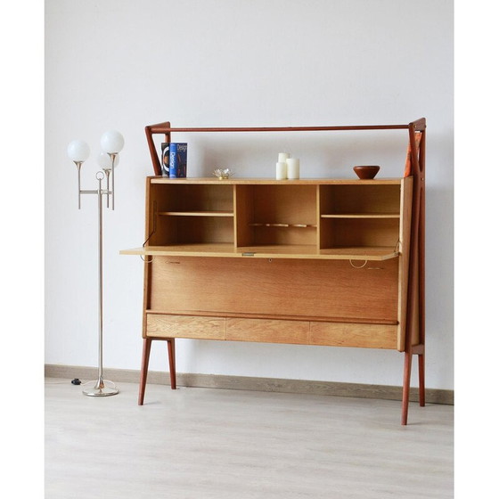 Image 1 of Vintage oak veneer and mahogany bar cabinet by Louis Paolozzi for René Godfrid, France