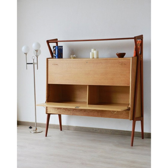 Image 1 of Vintage oak veneer and mahogany bar cabinet by Louis Paolozzi for René Godfrid, France