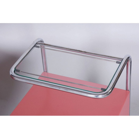 Image 1 of Coppia di comodini vintage Bauhaus in acciaio cromato, vetro e legno, Cecoslovacchia 1940