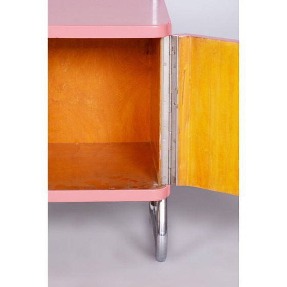 Image 1 of Coppia di comodini vintage Bauhaus in acciaio cromato, vetro e legno, Cecoslovacchia 1940