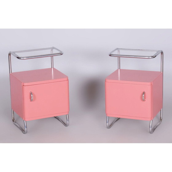 Image 1 of Coppia di comodini vintage Bauhaus in acciaio cromato, vetro e legno, Cecoslovacchia 1940