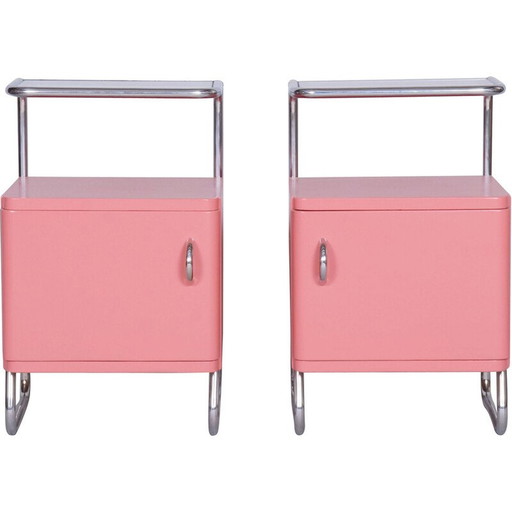 Pair of vintage Bauhaus night stands in chromed steel, glass and wood, Czechoslovakia 1940