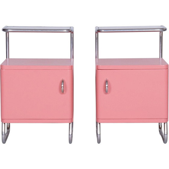 Image 1 of Coppia di comodini vintage Bauhaus in acciaio cromato, vetro e legno, Cecoslovacchia 1940