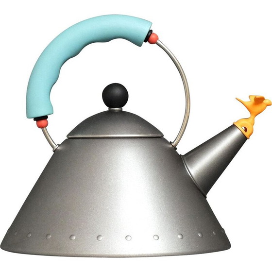 Vintage tea kettle in matte platinum gray enamel by Michael Graves for Alessi Italy 800 Whoppah