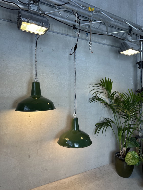 Image 1 of 2X Vintage Xl Enamel Lamps - Green