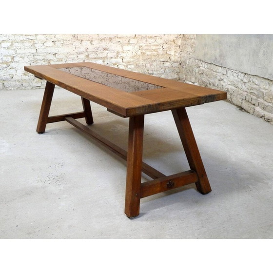 Image 1 of Vintage oak and black glass coffee table, 1970