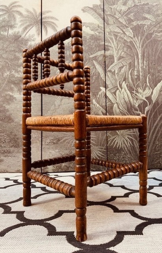 Image 1 of Vintage Brutalist Bobbin Oak Corner Chair With Braided Piping Matt