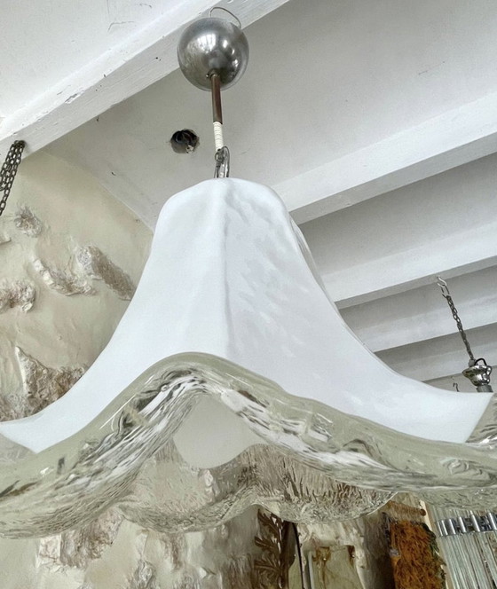 Image 1 of Mazzega Chandelier White Glass Murano Chrome 52 Cm, Italy, 1970