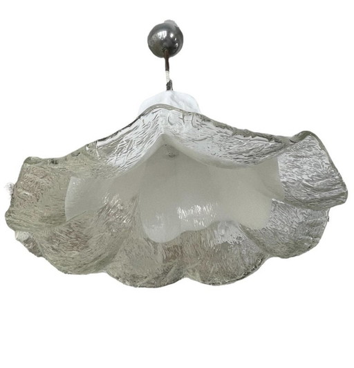 Mazzega Chandelier White Glass Murano Chrome 52 Cm, Italy, 1970