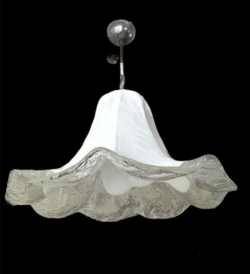 Mazzega Chandelier White Glass Murano Chrome 52 Cm, Italy, 1970