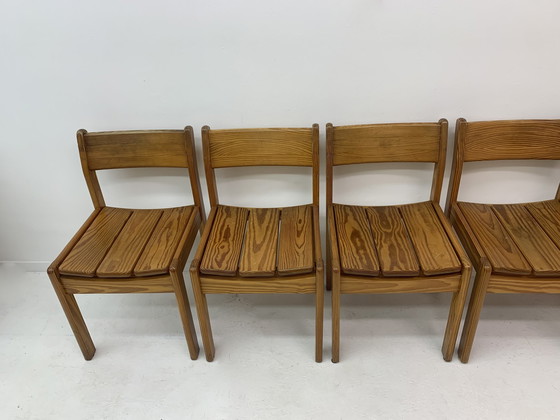 Image 1 of Set Of 6 Pine Wood Dining Chairs , 1970’S