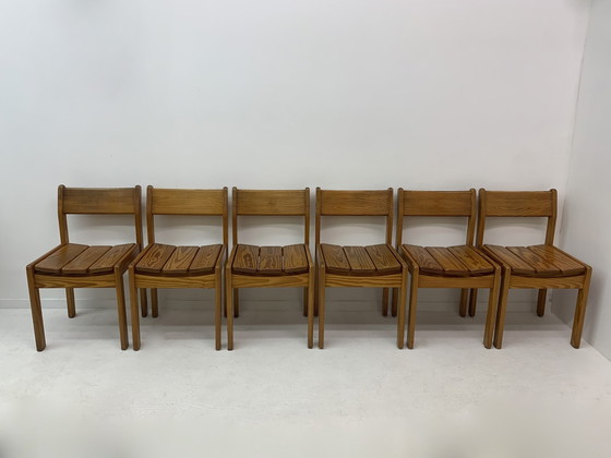 Image 1 of Set Of 6 Pine Wood Dining Chairs , 1970’S