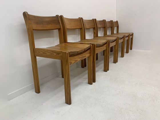 Image 1 of Set Of 6 Pine Wood Dining Chairs , 1970’S