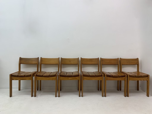 Set Of 6 Pine Wood Dining Chairs , 1970’S