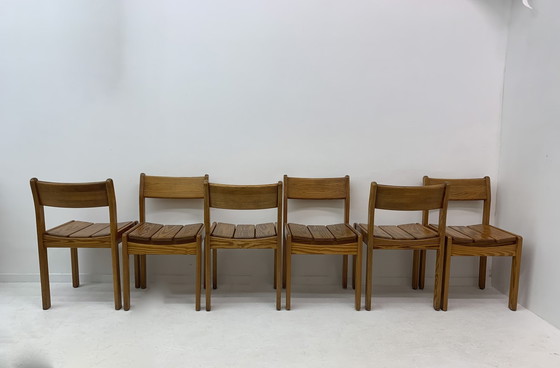 Image 1 of Set Of 6 Pine Wood Dining Chairs , 1970’S