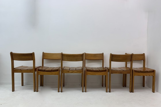 Image 1 of Set Of 6 Pine Wood Dining Chairs , 1970’S