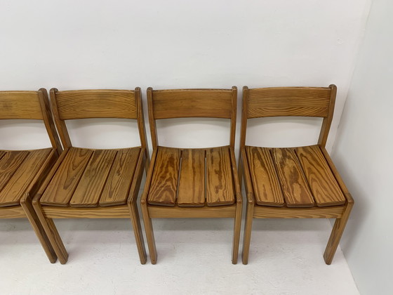 Image 1 of Set Of 6 Pine Wood Dining Chairs , 1970’S