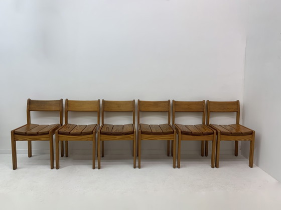 Image 1 of Set Of 6 Pine Wood Dining Chairs , 1970’S