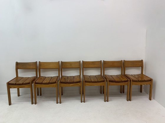 Image 1 of Set Of 6 Pine Wood Dining Chairs , 1970’S