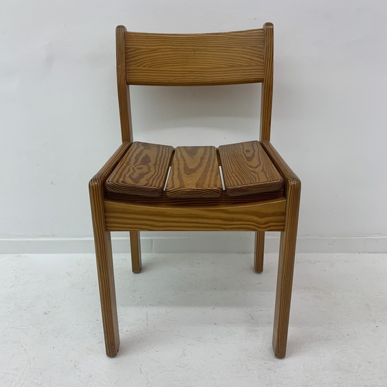 Image 1 of Set Of 6 Pine Wood Dining Chairs , 1970’S