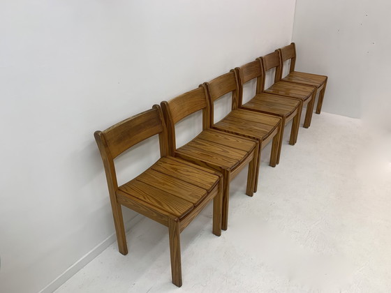 Image 1 of Set Of 6 Pine Wood Dining Chairs , 1970’S