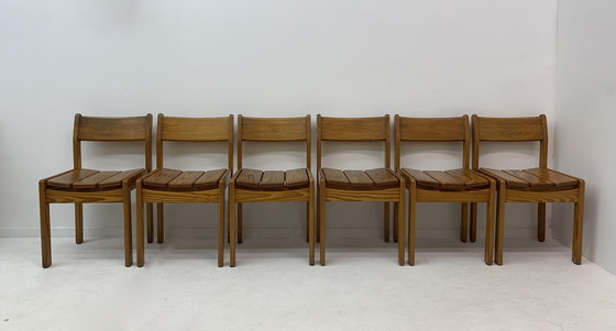 Image 1 of Set Of 6 Pine Wood Dining Chairs , 1970’S