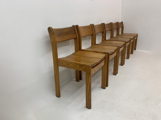 Image 1 of Set Of 6 Pine Wood Dining Chairs , 1970’S