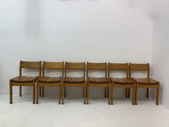 Image 1 of Set Of 6 Pine Wood Dining Chairs , 1970’S