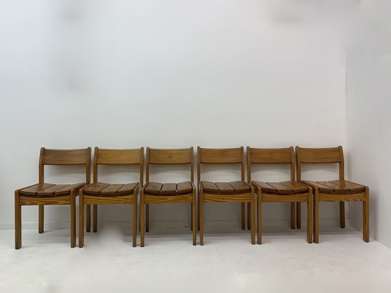 Image 1 of Set Of 6 Pine Wood Dining Chairs , 1970’S