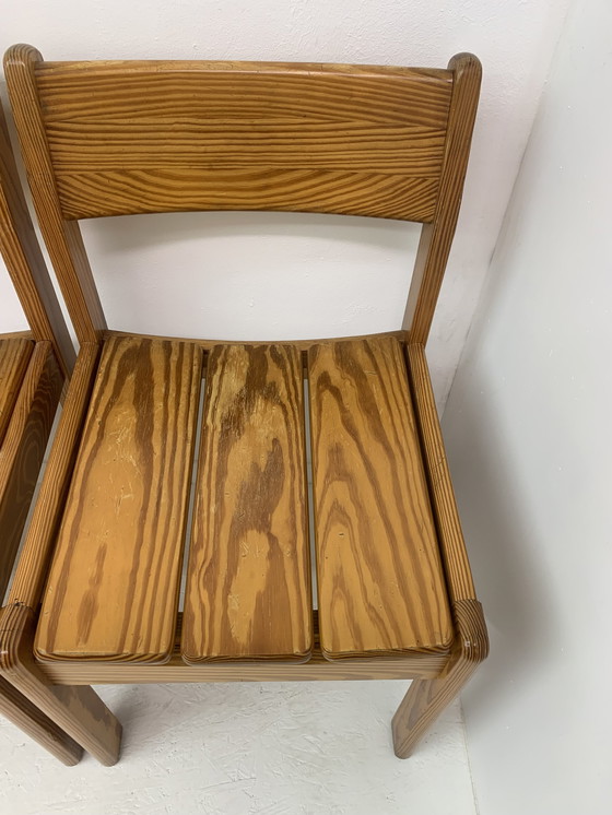 Image 1 of Set Of 6 Pine Wood Dining Chairs , 1970’S