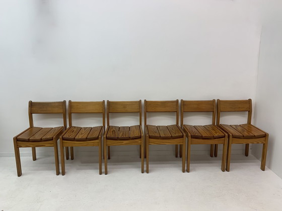 Image 1 of Set Of 6 Pine Wood Dining Chairs , 1970’S