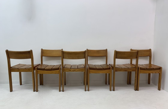 Image 1 of Set Of 6 Pine Wood Dining Chairs , 1970’S