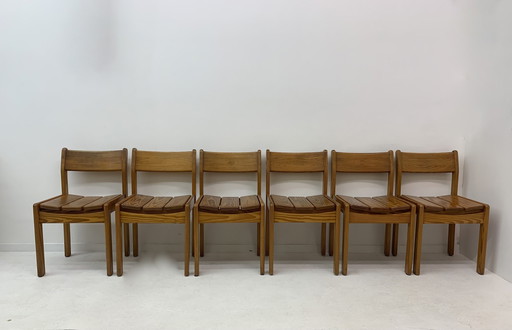 Set Of 6 Pine Wood Dining Chairs , 1970’S