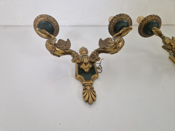 Image 1 of Bronze Swan Wall Sconces By Lucien Gau