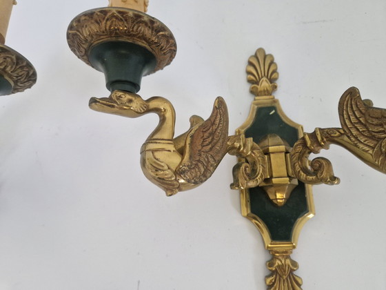 Image 1 of Bronze Swan Wall Sconces By Lucien Gau