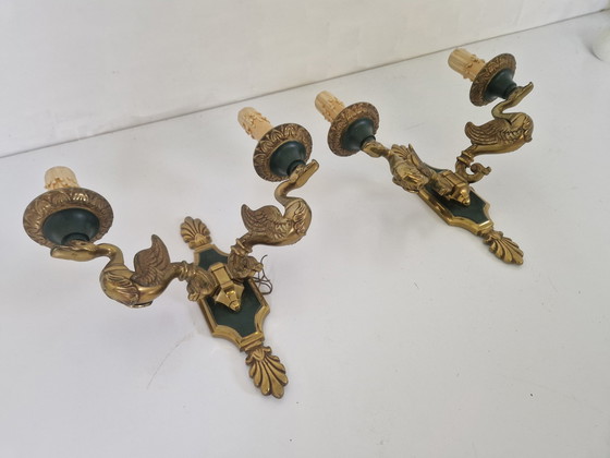 Image 1 of Bronze Swan Wall Sconces By Lucien Gau