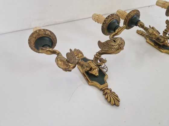 Image 1 of Bronze Swan Wall Sconces By Lucien Gau