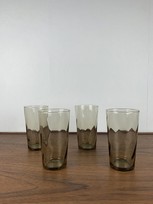 Set Of 4 Smoked And Twisted Glass Water Glasses, 1970