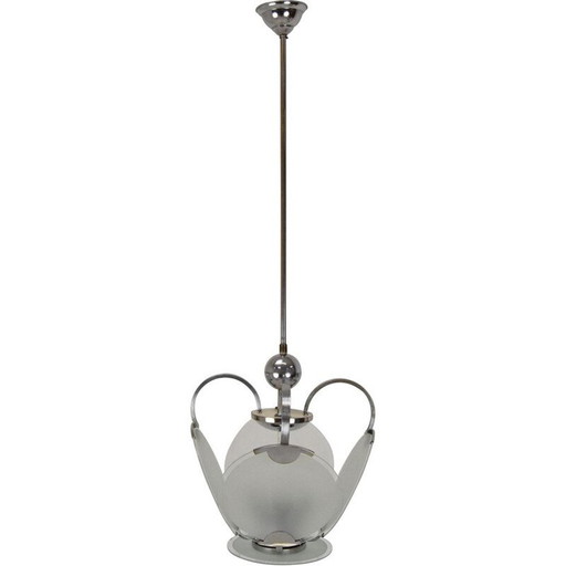 Vintage art deco glass and chrome chandelier, Czechoslovakia 1930