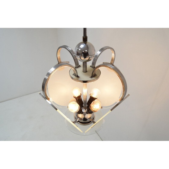 Image 1 of Lampadario vintage in vetro e cromo in stile art déco, Cecoslovacchia, 1930