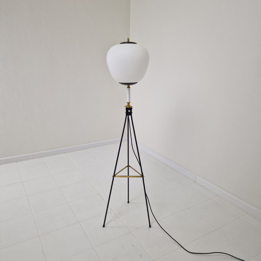 Stilnovo Tripod Floor Lamp With Opaline Glass, Italy 1950'S