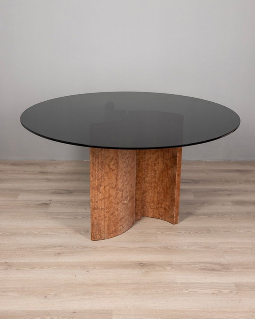 Vintage 1970S Round Table In Travertine And Glass Italian Design 