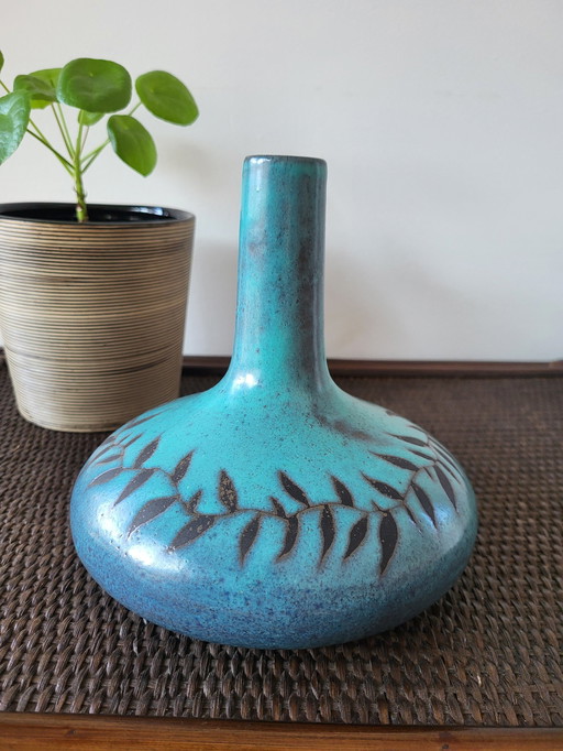 Vintage Vase Pottery, Abstract Shape with Decor Leaves