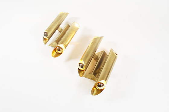 Image 1 of 2X Heavy Brass Geometric Wall Lamps, Italy 1970'S