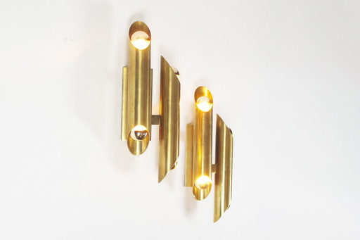 2X Heavy Brass Geometric Wall Lamps, Italy 1970'S