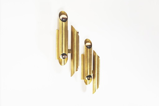 2X Heavy Brass Geometric Wall Lamps, Italy 1970'S