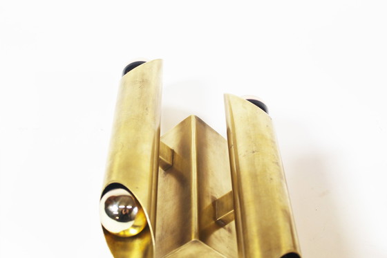 Image 1 of 2X Heavy Brass Geometric Wall Lamps, Italy 1970'S